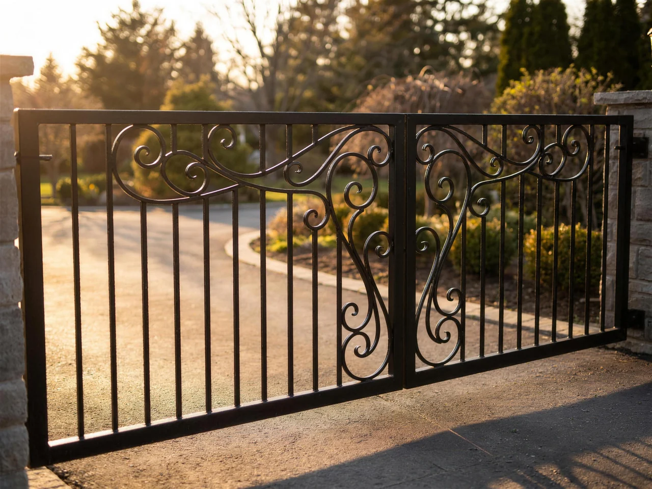 A custom ornamental wrought iron driveway gate built by Capital M, matte black, at golden hour