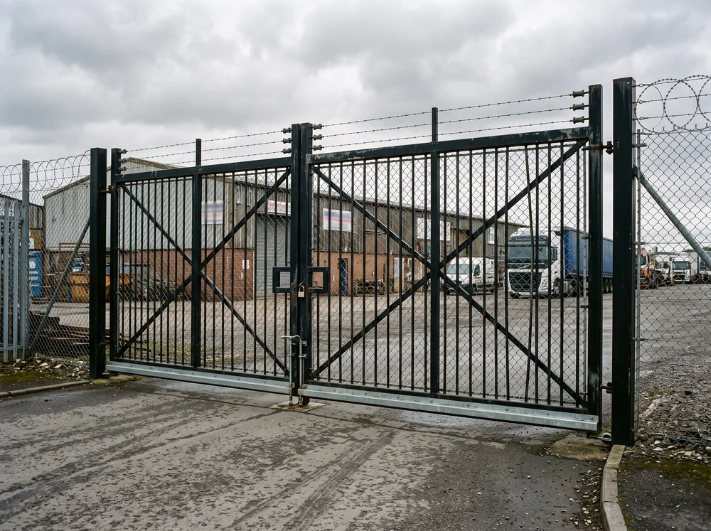 Heavy-duty commercial steel security gate at an industrial entrance