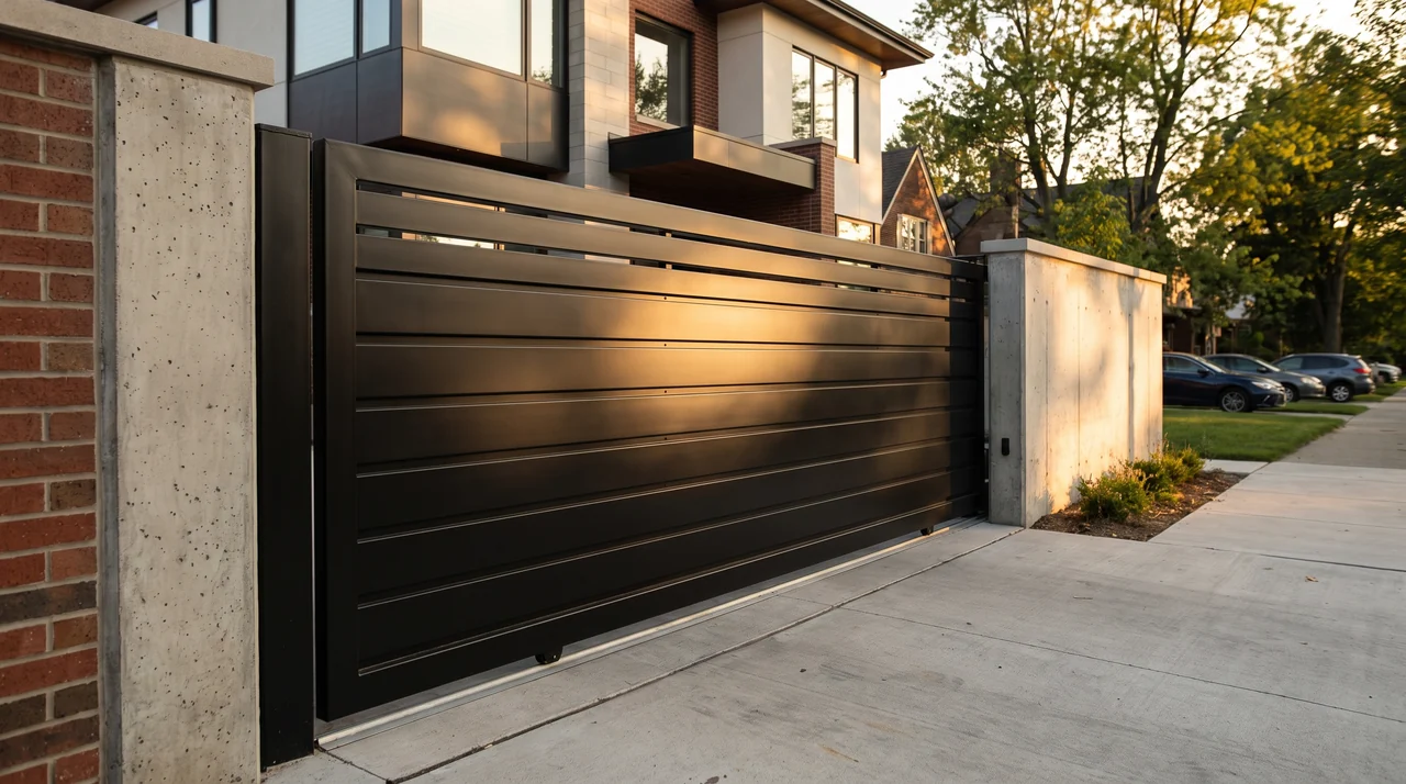 Modern matte black horizontal slat steel driveway gate