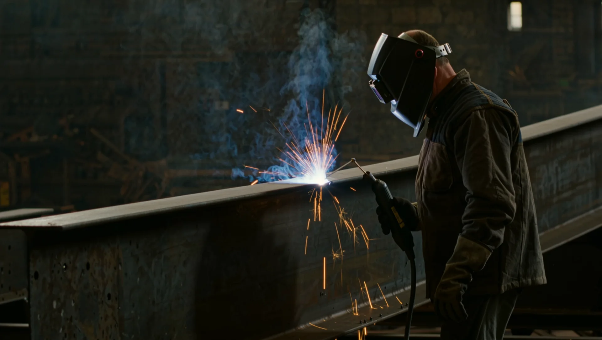 A welder at Capital M laying a MIG bead on a structural steel beam, sparks flying