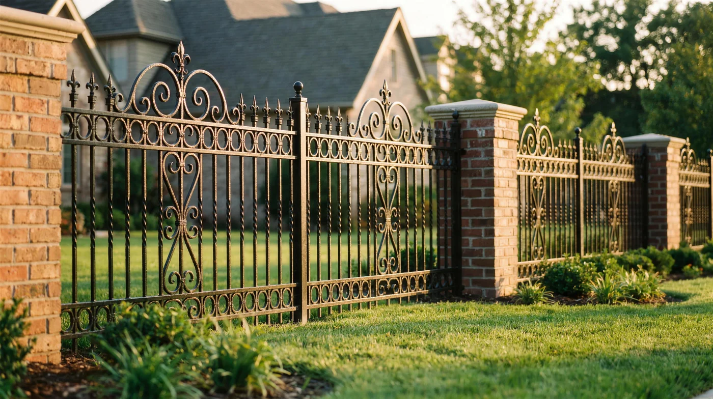 A custom black wrought iron ornamental fence along a Detroit residential property