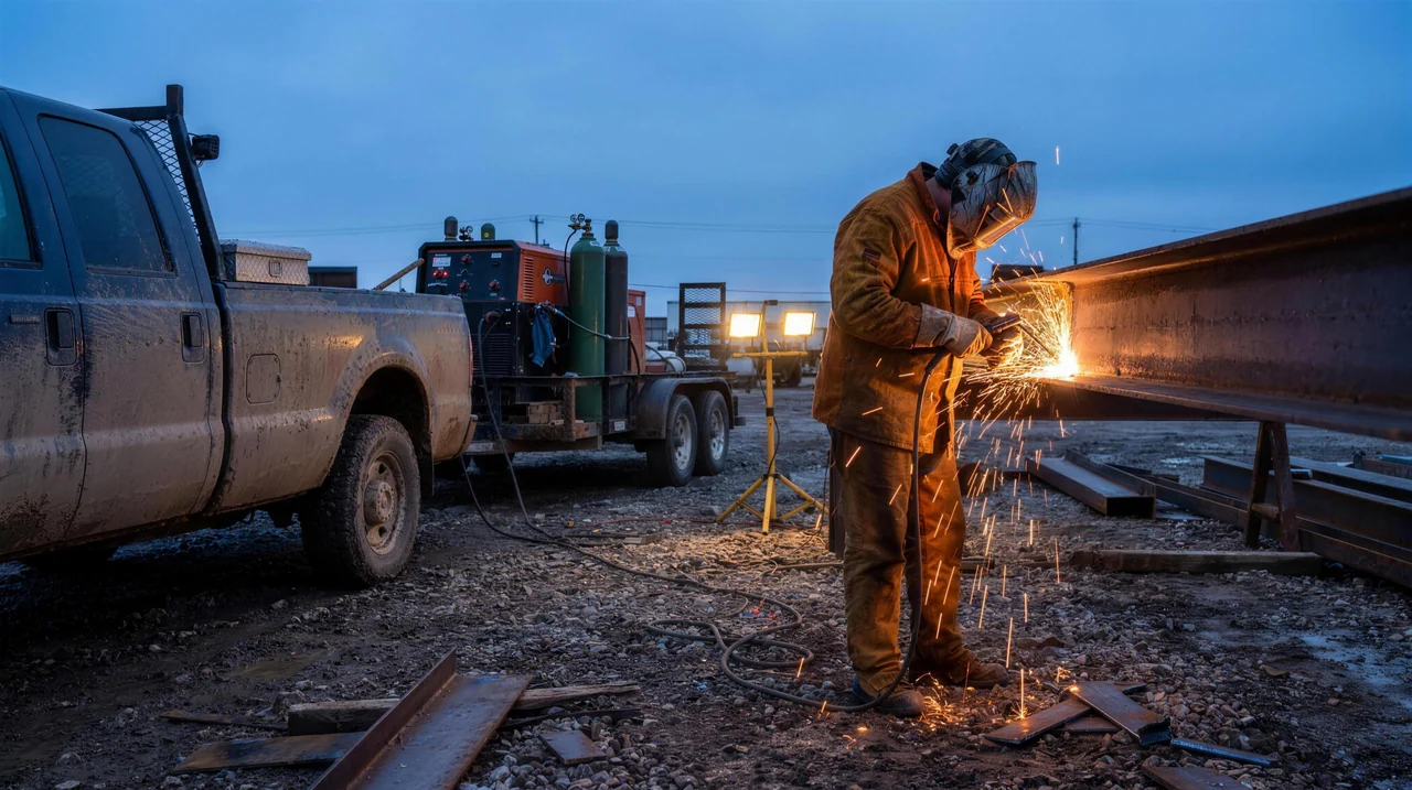 A Capital M mobile welder repairing steel on-site at dusk beside a work truck and portable rig